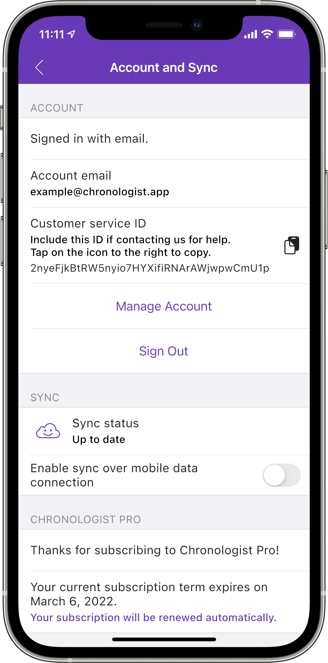 Screenshot showing account and aynchronization settings