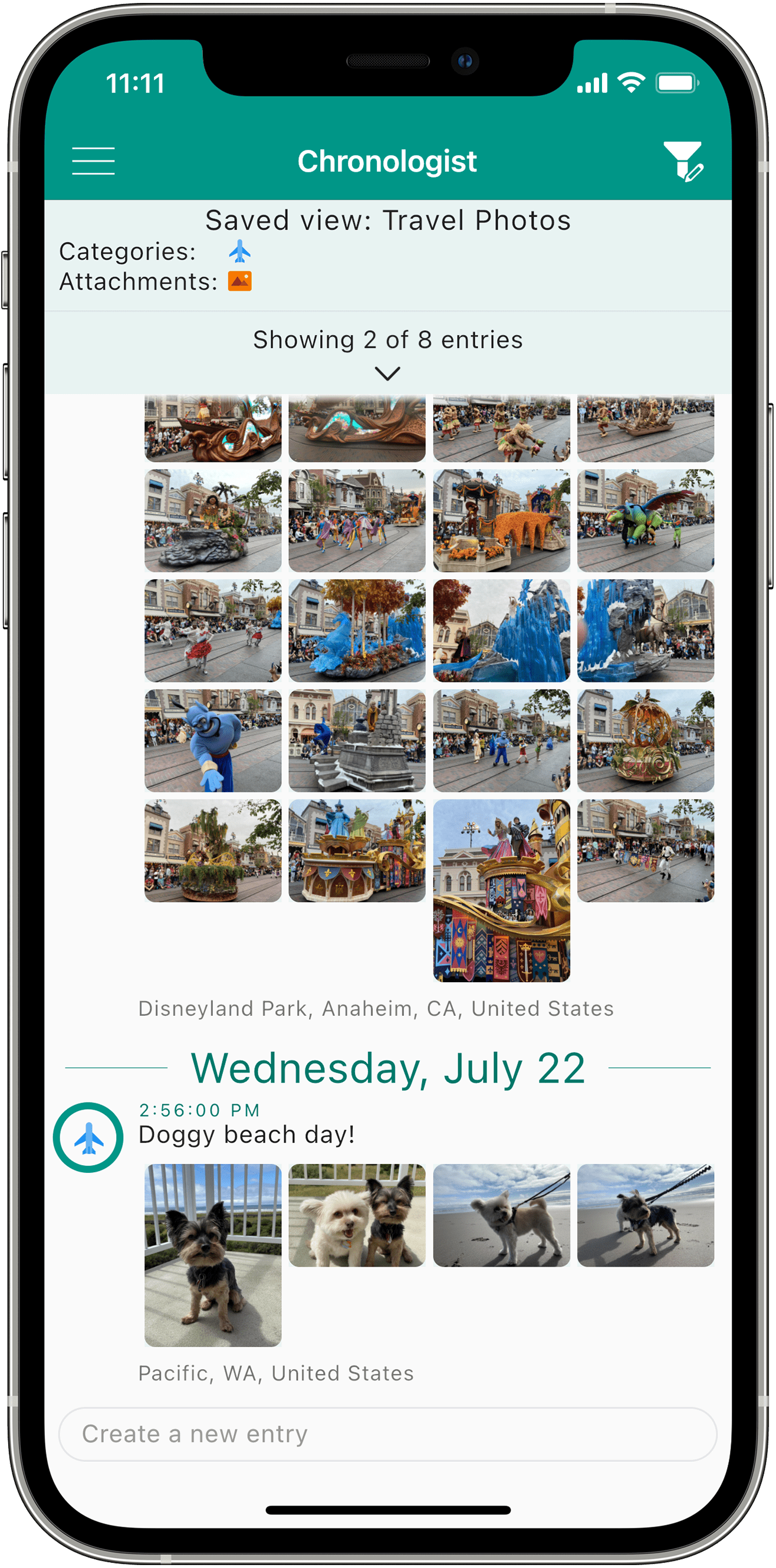 A view of an example timeline in the Chronologist app
